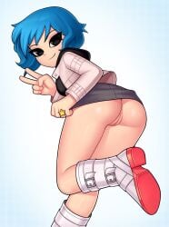 1girls ass blue_hair bottomless breasts eye_contact female female_focus female_only flashing flashing_pussy loodncrood looking_at_viewer looking_back no_panties peace_sign pussy ramona_flowers scott_pilgrim short_hair solo standing thick_thighs