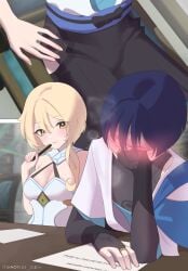 baobei_beh blonde_hair blue_hair blush covering_face desk embarrassed embarrassed_male genshin_impact lumine_(genshin_impact) public scaramouche_(genshin_impact) sitting straight studying table touching_thigh under_desk under_the_table under_the_table visible_breath