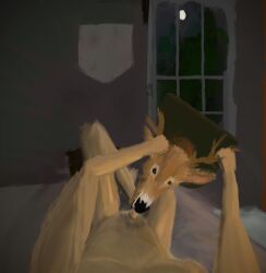 absurd_res anthro bed bedroom death deer duo feral furniture hi_res human human_penetrating male male/male mammal necrophilia oral oral_penetration penetration taxidermy taxidermy_mount zoophilia zoosadism_(artist)