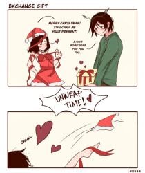 adorable blush blushing boyfriend-girlfriend christmas christmas_clothing christmas_hat christmas_headwear christmas_outfit christmas_present couple cute green_hoodie heart hearts hoodie implied_sex lenaaa lustful_gaze offscreen_sex present_box reindeer_antlers reindeer_horns ribbon ribbons romantic romantic_couple seductive_gaze self_insert wholesome