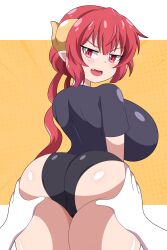 1girls abysswatchers ass ass_grab breasts butt clothed dat_ass disembodied_hand dragon_girl dragon_horns female hi_res horns huge_ass huge_breasts ilulu_(dragon_maid) large_breasts light-skinned_female light_skin long_hair looking_back miss_kobayashi's_dragon_maid naughty_face pink_eyes pink_hair rear_view shortstack