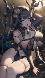 black_hair blush breasts cleavage dragon_girl dragon_horns dragon_tail fangs female female_only flower gloves horns huge_breasts lace long_hair looking_at_viewer navel pelvic_curtain revealing_clothes sitting slit_pupils solo subong tail yellow_eyes
