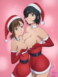 2girls big_ass breast_press breasts breasts_to_breasts chainsaw_man christmas christmas_outfit cleavage cockstar_studios female female_only higashiyama_kobeni himeno_(chainsaw_man) looking_at_viewer mappa multiple_girls santa_hat smile thick_thighs topless yuri