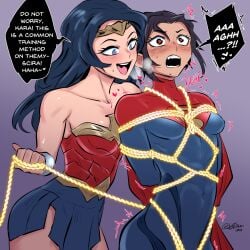 2girls black_hair bodysuit bondage bound breasts brown_hair cape dc dc_comics dc_extended_universe dceu dialogue english_text female female_only femdom femsub fully_clothed hi_res lasso lasso_of_truth lezdom long_hair muscular_female restrained rope sasha_calle short_hair skin_tight skirt speech_bubble supergirl supergirl_(sasha_calle) supergirl_(series) superman_(series) sweat sytokun text the_flash_(2023) tied tied_up tight_clothing trembling wonder_woman wonder_woman_(series) yuri