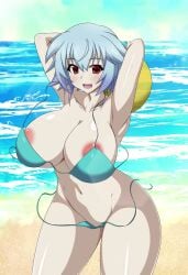 1girls aqua_bikini armpits arms_behind_head ball beach beach_ball big_breasts bikini bikini_malfunction blue_hair breasts busty cleavage highres infinite_stratos large_breasts legs looking_at_viewer navel nipples ocean open_mouth pose posing red_eyes sarashiki_tatenashi sensual sexy_armpits short_hair smile solo space_gorilla swimsuit thick_thighs thighs untied_bikini wardrobe_malfunction water