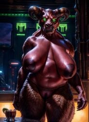 ai_generated athletic athletic_female baron_of_hell_(doom) breasts brown_body brown_fur city doom doom_(game) doom_(series) female fur genitals glowing glowing_eyes green_eyes horn looking_away marcus64 muscular muscular_female navel nude pussy red_body solo standing