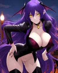 ai_generated female female_focus female_only hand_on_hip huge_breasts leaning_forward looking_at_viewer original_character purple_hair purple_hair_female street_light vampire vampire_girl yellow_eyes