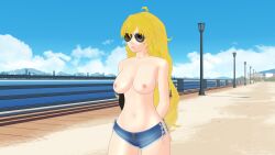 1girls 3d 3d_(artwork) aviator_sunglasses blonde_female blonde_hair breasts casual casual_nudity casual_topless clothing eyewear female half-dressed half_naked hands_behind_back human long_hair long_hair_female nipple_piercing nonsexual_nudity nudist pale_skin public purple_eyes robotic_arm rwby short_pants sunglasses theblackbirdcalls tinted_eyewear yang_xiao_long