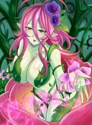 alraune blush breasts cleavage collarbone colored_skin commentary_request covered_nipples female flower green_skin hair_flower hair_ornament inviting_viewer large_breasts leaf leaning_forward long_hair monster_girl navel nishida_megane original plant plant_girl pointy_ears pollen sex_pollen solo thorns vines