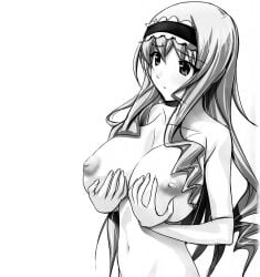 1girls artist_name big_breasts bow breast_grab breasts busty cecilia_alcott drill_hair female female_only hairband hairbow highres infinite_stratos large_breasts long_hair monochrome navel nipples nude self_fondle solo soyosoyo