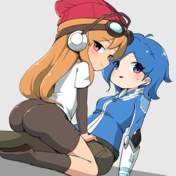 beanie blue_hair female_only glitch_productions human_meggy meggy_spletzer meta_runner north_fighter orange_hair simple_background sitting_on_lap smg4 tari_(smg4) yuri