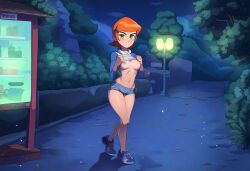 1girls ai_generated areolae ben_10 big_thighs breasts breasts_out female gwen_tennyson huge_thighs large_thighs lifting_shirt looking_at_viewer looking_pleasured night park perfect_body public public_exposure public_nudity revealing_clothes round_breasts short_hair shorts showing_off standing street teasing thefirefive thick_thighs tree trees