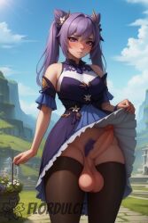 ai_generated balls blush blush colored_pubic_hair dress_lift erect_penis erection flordulce futa_only futanari genshin_impact keqing_(genshin_impact) outdoors penis pubic_hair purple_eyes purple_hair scenery shy solo_futa standing testicles twintails