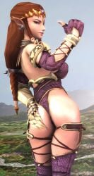 3d ass barely_clothed blue_eyes breasts brown_hair cosplay dat_ass exhibitionism female huge_breasts hylian isabella_valentine_(cosplay) jewelry large_ass looking_at_viewer looking_back looking_over_shoulder milf nintendo pointy_ears princess_zelda smile soul_calibur source_filmmaker the_legend_of_zelda thumbs_up tiara twilight_princess w33w33 zelda_(twilight_princess)