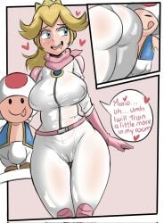 1boy 1girls ass blonde_hair blue_eyes bodysuit breasts clothing comic_page dat_ass dialogue english_text female female_focus heart height_difference hi_res hips huge_ass huge_breasts light-skinned_female light_skin long_hair looking_at_ass male mario_(series) naughty_face nintendo ponytail princess_peach reach025 shorter_male small_but_hung speech_bubble super_mario_bros._(2023_film) taller_female text thick_thighs thighs tied_hair toad_(mario) wide_hips