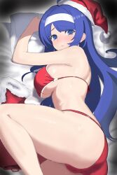 1girls ahoge ass bare_shoulders bed big_ass big_breasts bikini blue_eyes blue_hair blush breasts busty christmas come_hither female female_only hairband hat highres large_breasts legs long_hair looking_at_viewer looking_back lying orie_ballardiae red_bikini santa_hat sideboob solo swimsuit teenager thighs under_night_in-birth very_long_hair