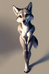 ai_generated anthro big_eyes canine claws cute digitigrade female female_only furry furry_female gray_fur gray_hair gray_wolf hanging_breasts leaning_forward nipples petite petite_body realistic_fur slim smiling_at_viewer solo_female tail wolf wolf_girl young_female