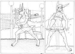 absurd_res anthro bodily_fluids bottomwear canid canine canis city cityscape clothing female genital_fluids hi_res jackal lilianne line_art mammal messy monochrome omorashi panty_wetting peeing rickwulfk95 running shirt shorts solo standing_pee topwear underwear urination urine urine_pool wet wet_bottomwear wet_clothing wet_shorts wet_underwear workout_clothing