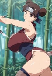 1girls ai_generated alternate_breast_size alternate_costume big_breasts bottomless breasts breasts_bigger_than_head brown_eyes brown_hair busty clothing dogvahkiin double_bun female female_focus fighting_pose fighting_stance forehead_protector forest headband holding_object huge_breasts kimono konohagakure_symbol kunai kunoichi light-skinned_female light_skin nai_diffusion naruto naruto_(series) naruto_shippuden nature ninja oppai outdoors pose posing stable_diffusion stockings teenage_girl teenager tenten thick_thighs thighs twin_buns voluptuous weapon