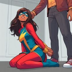 ai_generated bound_wrists captured captured_heroine female heroine_in_trouble kamala_khan marvel marvel_comics ms._marvel muslim_female on_knees pakistani-american superheroine