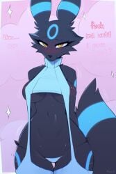 anthro asking_for_sex black_body black_fur black_nose blue_markings cheek_tuft dialogue eeveelution english_text eyelashes facial_tuft female furry furry_only generation_2_pokemon looking_at_viewer nintendo nipples non-human_areolae non-human_bra panties pokemon pokemon_(species) prsmrti shiny_pokemon solo tail text umbreon underwear virgin_destroyer_sweater virgin_killer_sweater yellow_eyes