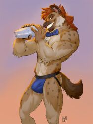 anthro bartender bow_tie bulge clothing genital_outline hi_res hyena jockstrap lion21 looking_at_viewer male male_only mammal muscular navel navel_piercing penis_outline piercing simple_background slim solo underwear