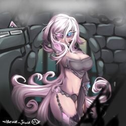 blue_eyes deuce_jeuce dungeon geometry_dash half-dressed large_breasts pink_eyes pink_hair