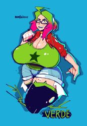 big_areola big_ass big_belly big_breasts big_nipples breasts_bigger_than_head breasts_bigger_than_torso cellulite chubby freckles glasses green_hair huge_breasts huge_nipples massive_breasts memfaultexe nerd piercing piercings pink_hair plump thick_eyebrows thick_thighs verde_(memfaultexe)