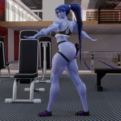 1girls 3d abs alternate_version_available amelie_lacroix ass_selfie belfie between_buttocks big_breasts blizzard_entertainment butt_selfie female female_only fit fit_female gym looking_at_viewer muscular muscular_female overwatch overwatch_2 phone_in_ass purple_skin selfie solo sports_bra tattoo thick_thighs thong vonsvaigen wide_hips widowmaker wink winking yellow_eyes