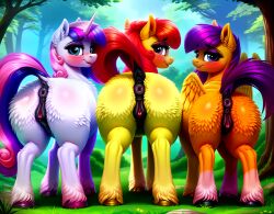 3girls ai_generated anatomically_correct anatomically_correct_genitalia anatomically_correct_pussy animal_genitalia animal_pussy anus apple_bloom_(mlp) ass ass_focus cutie_mark_crusaders dock equid equine equine_genitalia equine_pussy female female_only feral friendship_is_magic furry hasbro hooves looking_back mammal my_little_pony orange_body orange_fur pegasus presenting_hindquarters puffy_anus purple_hair pussy pussy_juice rear_view scootaloo_(mlp) sweetie_belle_(mlp) tail trio unicorn white_body white_fur yellow_body yellow_fur