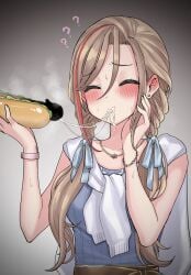 ? ^_^ after_fellatio akkgsyk bangs blank_censor blue_ribbon blue_shirt blush braid breasts brown_hair censored closed_eyes closed_mouth collarbone confused cum cum_string female food food_penetration hair_between_eyes hair_ribbon highres holding holding_food hot_dog jewelry kurusu_natsume long_hair multicolored_hair necklace nijisanji penis penis_hot_dog red_hair ribbon shirt simple_background steam steaming_body streaked_hair sweat twin_braids virtual_youtuber