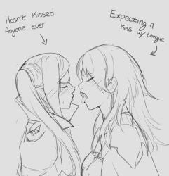 2girls breasts byleth_(fire_emblem) byleth_(fire_emblem)_(female) edelgard_von_hresvelg english_text female female_only fire_emblem fire_emblem:_three_houses french_kiss imminent_kiss kissing looking_at_viewer medium_breasts multiple_girls nintendo pomelomelon post-timeskip side_ponytail text tongue tongue_out yuri