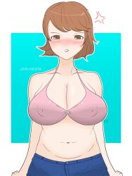 3:4 angry angry_face artist_name bbw belly bikini bikini_top blush breasts brown_eyes brown_hair chubby cleavage embarrassed female female_focus female_only glare gradient_background hi_res jean_shorts large_breasts looking_at_viewer nipple_bulge persona persona_3 self_upload short_hair solo solo_female swimsuit takeba_yukari tummy variant_set yukari_takeba