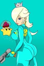 1boy alternate_costume ass bimbo blonde_hair blue_eyes bodysuit bubble_ass bubble_butt chiboy622 clothed clothing crossover crown dat_ass ear_piercing female gun hair_over_one_eye holding holding_gun holding_object holding_weapon large_breasts light_blue_bodysuit lipstick looking_at_viewer luma mario_(series) medium_hair metroid metroid_(creature) milf nintendo nipples_visible_through_clothing photoshop princess_rosalina samus_aran_(cosplay) seductive sideboob skyfall1999 super_mario_galaxy third_party_edit weapon white_skin zero_suit