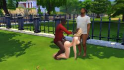 blonde_hair blowjob dark-skinned_male helpless interracial light-skinned_female original_character rape the_sims_4 two_on_one vaginal_penetration