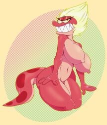 4_fingers amphibia amphibian anthro blonde_hair breasts colored disney eyelashes female fingers general_yunan hair hi_res kneeling long_tail looking_at_viewer navel newt nipples non-mammal_breasts nude pink_body salamander_(amphibian) sbshouseofpancakes sharp_teeth sitting smile solo straight_hair teeth wide_hips yunan