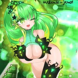 bending_over deuce_jeuce female geometry_dash green_eyes green_hair holding_breast leggings wink