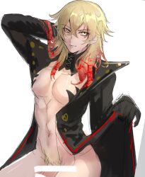 1boy bishounen black_coat black_gloves blonde_hair censor_bar censored closed_mouth coat flaccid gloves grey_background hand_on_own_head highres male_focus male_pubic_hair megido72 mole mole_under_eye multicolored_hair open_clothes open_coat penis pubic_hair red_hair satan_(megido72) short_hair simple_background smile solo solo_male user_ahgm4822 yellow_eyes