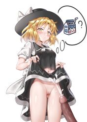 ? absurdres ailu_elf ass_visible_through_thighs bangs black_headwear black_vest blush bow breasts closed_mouth clothes_lift collared_vest commentary_request cowboy_shot cum ejaculation fedora hat hat_bow highres legs lifted_by_self midriff milk_carton navel no_panties penis pink_bow puffy_short_sleeves puffy_sleeves pussy ribbon shirt short_sleeves simple_background skirt skirt_lift slq small_breasts smile stomach thought_bubble touhou touhou_(pc-98) uncensored vest white_background white_ribbon white_shirt yellow_eyes yuki_(touhou)