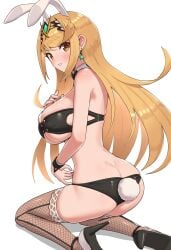 1girls 2022 ass ass_cleavage bandeau bangs bikini black_bikini blonde_hair blush breasts bunny_ears bunny_girl bunny_tail butt_crack cleavage embarrassed female female_only gold_eyes gonzarez hair_ornament heels hips huge_breasts kneeling large_ass latex long_hair mythra nintendo simple_background slim_waist swept_bangs thick_thighs thighhighs thighs tiara wide_hips xenoblade_(series) xenoblade_chronicles_2