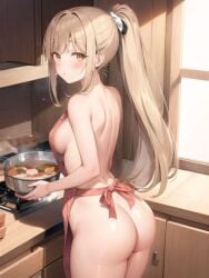 ai_generated apron blonde_hair breasts cooking indoors kitchen medium_breasts nude nude_cooking otonari_no_tenshi-sama_ni_itsu_no_mani_ka_dame_ningen_ni_sarete_ita_ken ponytail sex shiina_mahiru tagme