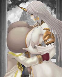 1boy 1girls armpits blonde_hair breast_smother breasts coat colored_inner_hair deep_skin female female_focus femdom fire_emblem fire_emblem_heroes gentle_femdom gigantic_breasts gloves grey_background grey_hair gullveig_(fire_emblem) horn hug kiran_(fire_emblem) kiran_(fire_emblem)_(male) long_hair long_sleeves male malesub nintendo roaamuje very_long_hair yellow_eyes yellow_hair