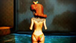 1girls 3d ass backboob big_ass big_breasts bikini breasts brown_hair busty fat_ass from_behind highres large_breasts legs mario_(series) nintendo princess_daisy sensual short_hair solo sweat swimsuit thighs topless virtualblueam2 water