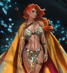 1girls bikini_armor braid cape chainmail chainmail_bikini cleavage earrings female female_only fit_female gloves hourglass_figure large_breasts loincloth long_hair midriff red_eyes red_hair red_sonja red_sonja_(comics) single_braid solo solo_female sword tattiart warrior