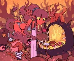 1girls apron bangs bent_over bikini bikini_bottom bikini_top blunt_bangs bottle breasts burger clothed clothing cooking crocs demon demon_girl demons devil devil_girl discount-supervillain drink eyelashes female female_focus fire flames food grill grilling hair hamburger hamburger_patty hell mostly_nude oc original original_character ponytail red_hair red_skin scrunchie shoes source_request spatula striped_bikini swimsuit swimwear tail wholesome yellow_eyes