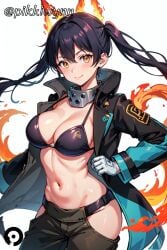 ai_generated bangs bikini bikini_top_only black_bikini black_coat black_hair blush breasts cleavage closed_mouth coat cowboy_shot en'en_no_shouboutai enen_no_shouboutai female fire fire_force gloves hair_between_eyes hip_vent kotatsu_tamaki large_breasts long_hair long_sleeves looking_at_viewer navel open_clothes open_coat pants pikkiwynn simple_background smile solo stomach swimsuit twintails white_background white_gloves yellow_eyes