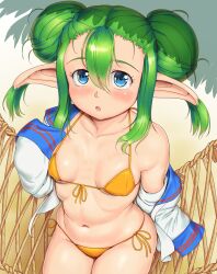 bangs bare_shoulders bikini blue_eyes blush breasts collarbone double_bun eyebrows_visible_through_hair feet_out_of_frame female from_above gradient gradient_background green_hair hair_between_eyes hammock highres lidelle_(puyo_puyo) looking_at_viewer medium_hair navel off_shoulder orizen parted_lips pointy_ears puyo_puyo puyo_puyo_fever sega shadow side-tie_bikini sidelocks small_breasts solo string_bikini swimsuit yellow_bikini