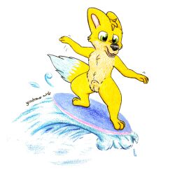 absurd_res animal_genitalia anthro balls bodily_fluids canid canine canine_genitalia canis cute_expression cute_eyes domestic_dog genital_fluids genitals hi_res male male_focus male_only mammal solo solo_focus surf surfboard surfing water watersports yordraw
