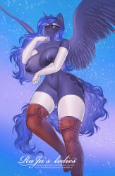 alicorn anthro blue_body blue_eyes blue_eyeshadow blue_feathers blue_hair blue_nipples blue_skin breasts cutie_mark equid equine eyeshadow feathered_wings feathers friendship_is_magic hair hasbro horn lips long_hair long_tail makeup mammal my_little_pony nipples princess_luna_(mlp) rajas_ledies tail wide_hips wings