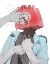 1ambiguous 1boy anon anonymous_character babygirl bandage bandaged_arm blush blushing_profusely dialing eyebrow_down eyebrows five_nights_at_freddy's half-dressed holding_object holding_phone kogito loose_shirt loose_tie male male/ambiguous object_head phone phone_dialing phone_guy_(fnaf) phone_head phone_ringing pleasured questionable_anatomy submissive submissive_and_breedable submissive_male twink twitch_lines twitching uncommon_stimulation